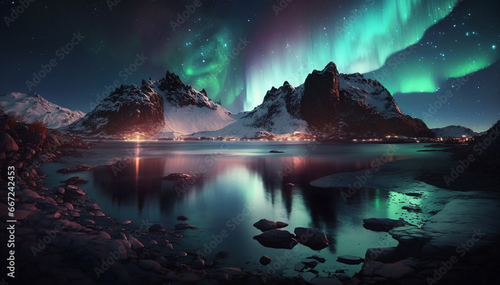 Beautiful Aurora Borealis Northern Lights in Iceland Mountains Landscape Illustration