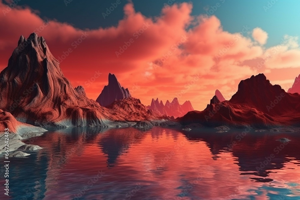 Panoramic background depicting a surreal landscape with water, cliffs, rocks, mountains, and a dramatic red blue sky. Generative AI