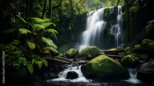 Panorama of a beautiful waterfall in the rainforest  long exposure