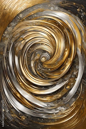 An abstract representation of perpetual motion, with dynamic, circular forms in a harmonious palette of metallic silvers and shimmering golds.