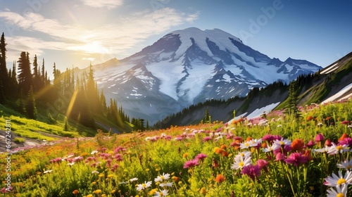 Panoramic view of Mount St Helens and flowers at sunrise photo