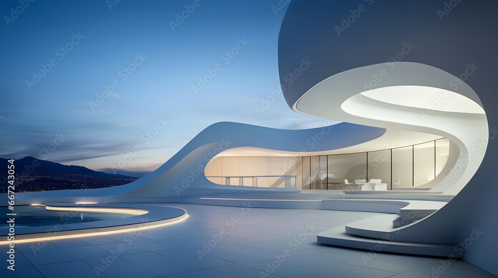 Modern architecture at night, panoramic view. 3D rendering