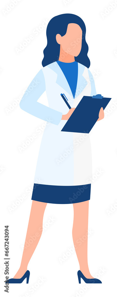 Female scientist writing experiment report. Woman in lab coat