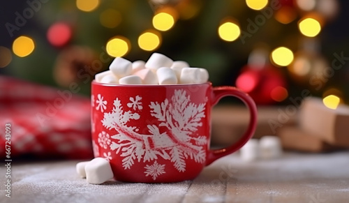Festive Mug with Christmas Pattern and Marshmallow on Cozy White Knitted Background with Garland - Created with Generative AI Tools