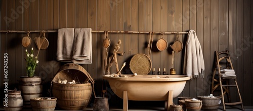 Sauna s interior broom basin and more accessories in Russian bath