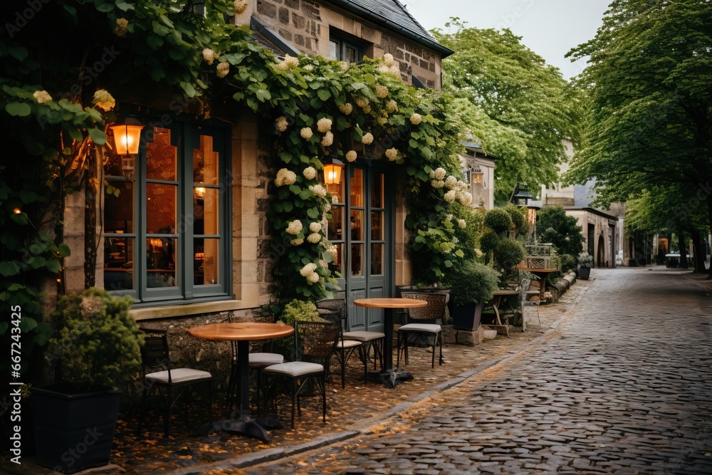 Stone-built cafe with greenery and warm lights on a peaceful evening street