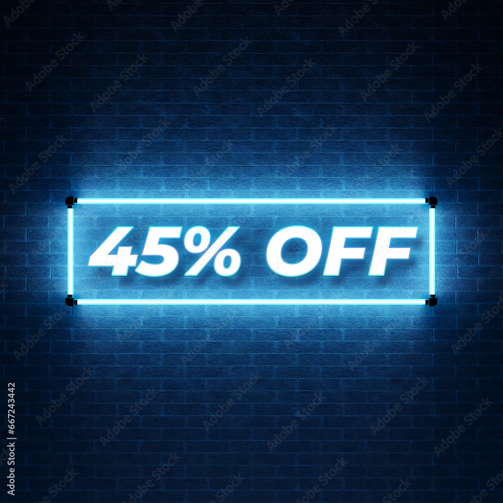45% off sale neon banner. Mega sale, black Friday, neon glow in dark. Neon discount light signs on a dark background. Percent off 3d Sign Background, Special Offer 45% Discount Tag. 3D Rendering