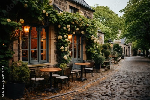 Stone-built cafe with greenery and warm lights on a peaceful evening street