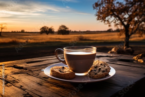 A warm cup of coffee on a rustic table against a breathtaking sunset