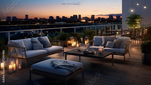 Luxury terrace with a view of the city in the evening