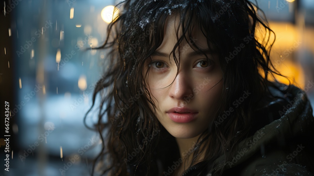 A young woman's intense gaze captured amidst a rain shower, with city lights softly illuminating the backdrop