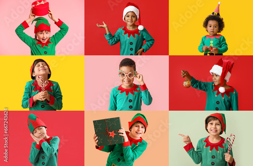 Fotografía Group of little children in elf costumes on color background