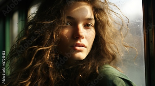 Close-up of a young woman with wavy hair, lost in thought, with sunlight illuminating her face