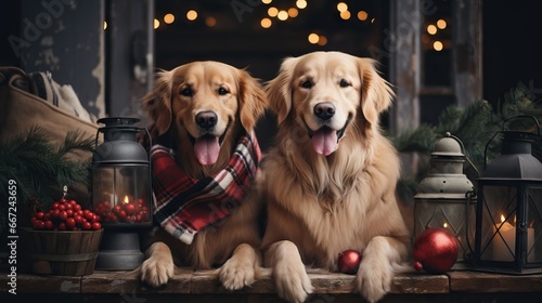 Two golden retrievers adorned with scarves, amidst holiday decor, radiating warmth and joy