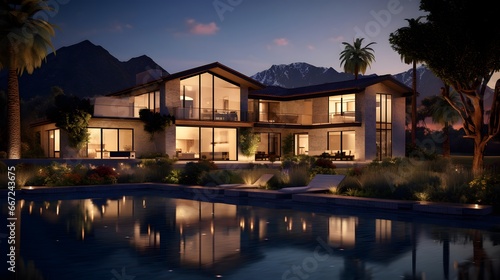 Panorama of modern luxury house with swimming pool at night. Luxury home in the tropics.