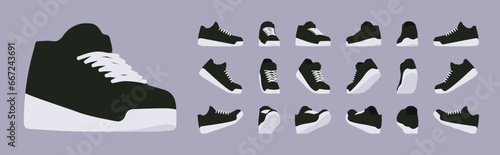 Black sneaker platform shoe, sport set for running, walking performance. Athletic gym footwear, accessory. Health, wellness, physical education fitness cartoon illustration, different views