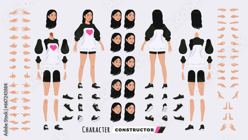Asian girl, korean woman, cute female character DIY constructor. Oversized crewneck, loose sweatshirt and shorts. Head, leg, hand gestures, different face emotions. Vector cartoon construction kit
