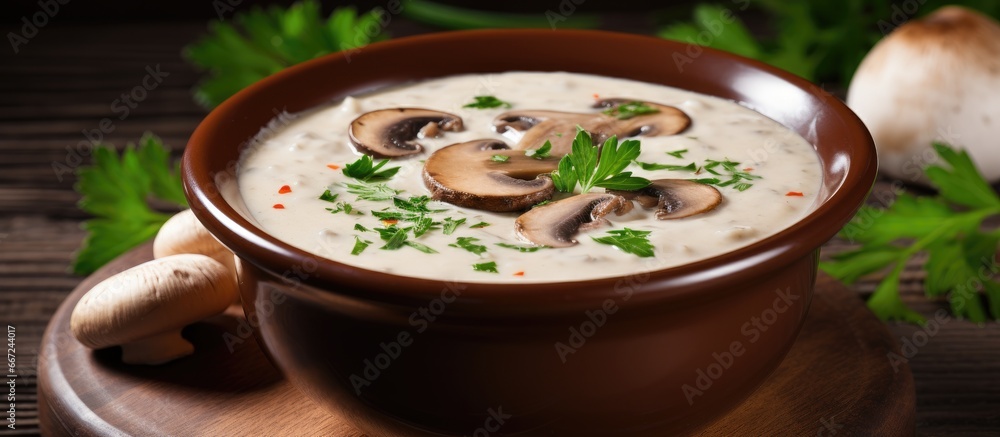 Delicious homemade mushroom soup in a bowl Delicious homemade mushroom soup in a bowl