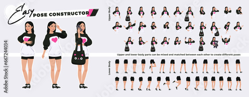 Asian girl, korean woman, oversized crewneck, cute character easy pose constructor. Fashion, beauty, korea pop culture model drag drop set, body match figure building. Vector cartoon construction kit