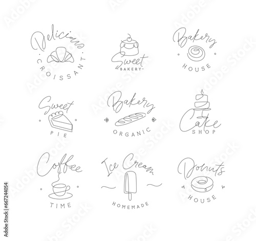 Obraz na płótnie Linear bakery and dessert labels croissant, cupcake, pie, baguette, cake, coffee, ice cream, doughnut with lettering drawing in pen line style on white background w salonie