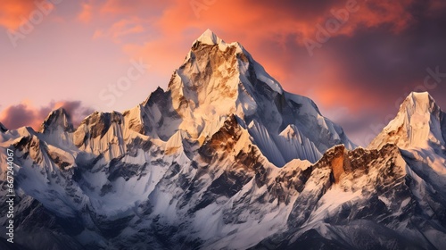 Panoramic view of snow-capped mountain peaks at sunset