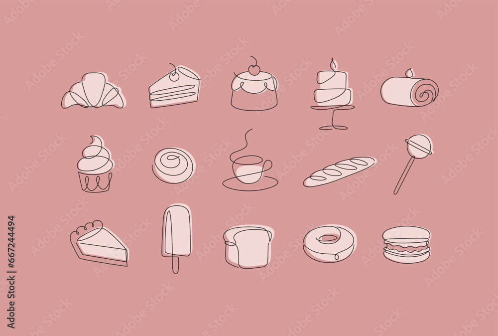 Linear bakery and dessert icons cupcake, lollipop, coffee, baguette, pie, doughnut, ice cream, cake, macaroon, bread, biscuit drawing in pen line style on coral background