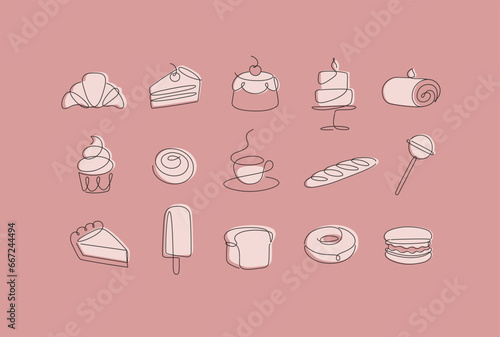 Obraz na płótnie Linear bakery and dessert icons cupcake, lollipop, coffee, baguette, pie, doughnut, ice cream, cake, macaroon, bread, biscuit drawing in pen line style on coral background w salonie