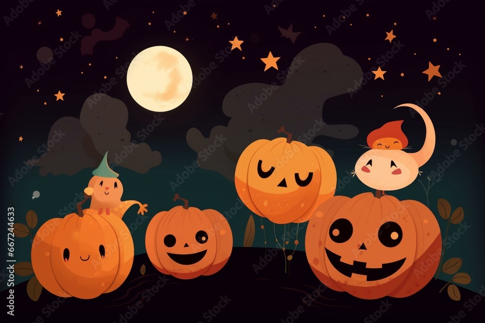 Autumnal Halloween card featuring cute pumpkin characters under a night sky. Generative AI