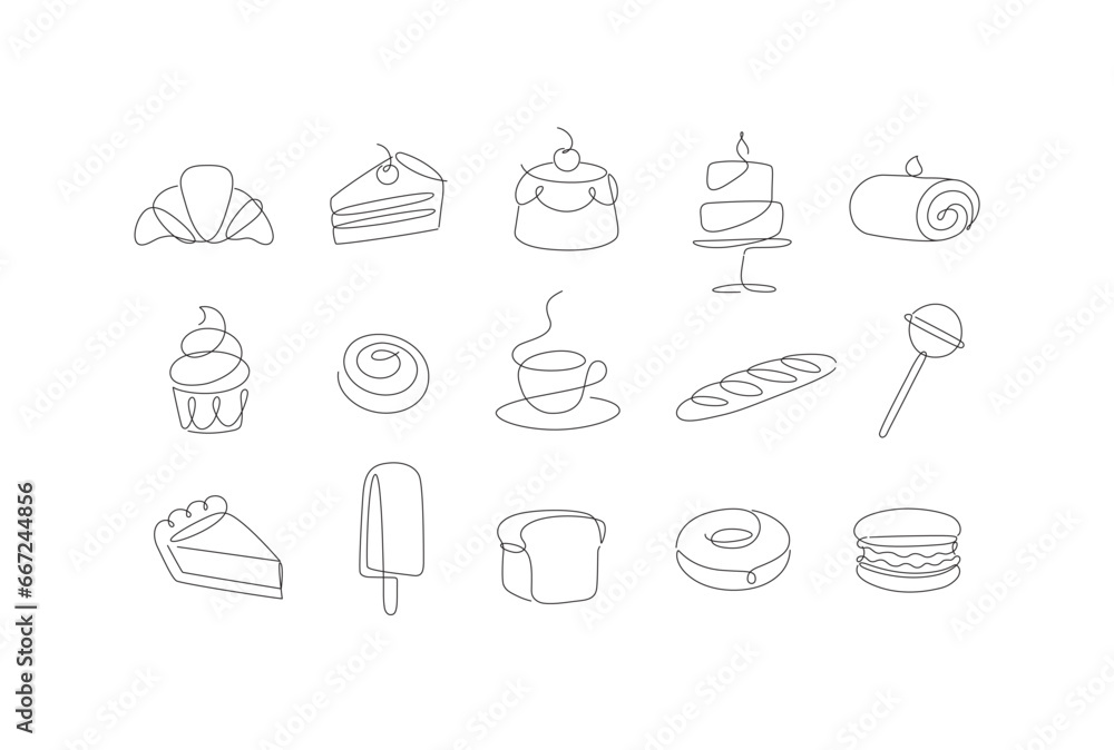 Linear bakery and dessert icons cupcake, lollipop, coffee, baguette, pie, doughnut, ice cream, cake, macaroon, bread, biscuit drawing in pen line style on white background