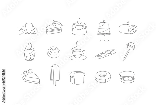 Linear bakery and dessert icons cupcake, lollipop, coffee, baguette, pie, doughnut, ice cream, cake, macaroon, bread, biscuit drawing in pen line style on white background