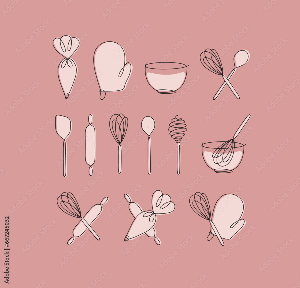 Linear bakery tools pastry bag, potholder, bowl, whisk, spoon, rolling pin, spatula drawing in pen line style on coral background