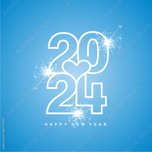 Love 2024 Happy New Year 2024 beautiful love heart white modern line design typography logo light blue background greeting card