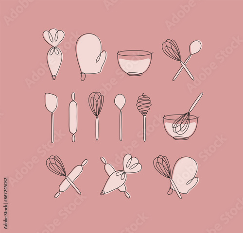 Linear bakery tools pastry bag, potholder, bowl, whisk, spoon, rolling pin, spatula drawing in pen line style on coral background