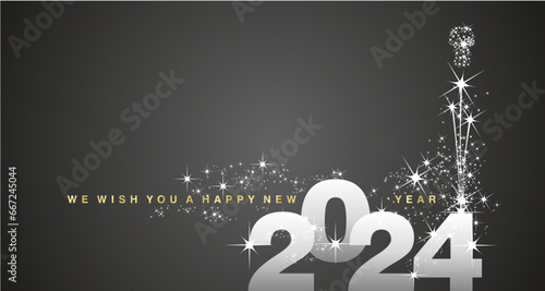 We wish you a Happy New Year 2024 shining firework gold white silver black background greeting card