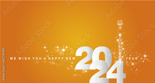 We wish you a Happy New Year 2024 event new elegant style calendar numbers shining silver white orange yellow greeting card