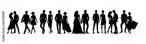 Vector illustration. Couples of men and women. Ball. Podium. Silhouettes of people. Large set.