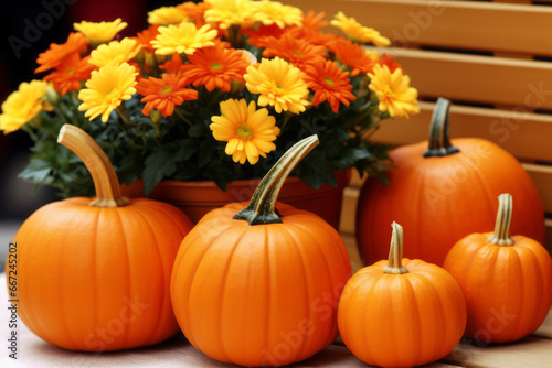 Halloween: a bunch of beautiful orange pumpkins and a bouquet of flowers