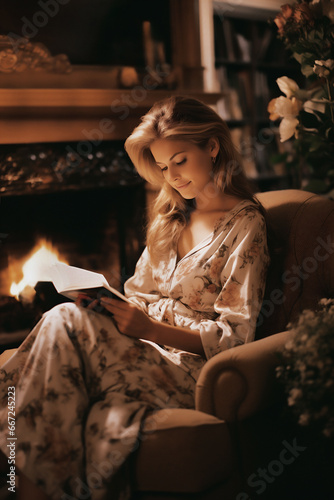 Caucasian woman indulging in reading by a cozy fireplace in a flowers embellished room.