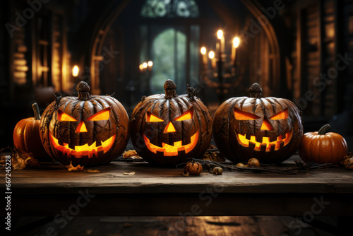 Halloween Pumpkins on old wooden table. Generative Ai. © Sebastian