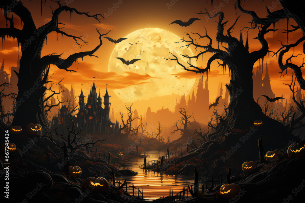 Halloween, City panorama in halloween style. Scary halloween isolated background. Generative Ai.