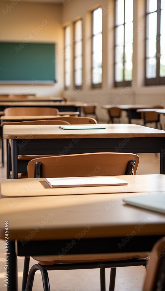 Empty teacher's study table with defocused background in the classroom Empty teacher's study table with defocused background in the classroom