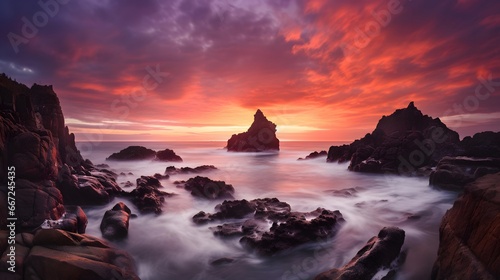 Beautiful panoramic seascape view of rocky coastline at sunset