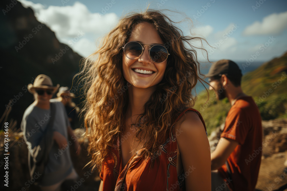 Friends laughing together on vacation. Generative Ai. Friends laughing together on vacation. Generative Ai.