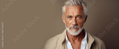 Elegant smiling elderly Caucasian man with gray hair with perfect skin, on a creamy beige background, banner.