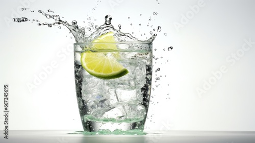 Gin Tonic with ice cubes, lemon and rosemary on white background, close up. Alcohol Concept. Background with Copy Space.