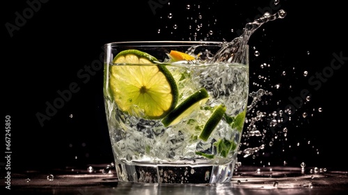 Gin Tonic with ice cubes, lemon and rosemary on black background. Alcohol Concept. Background with Copy Space. photo