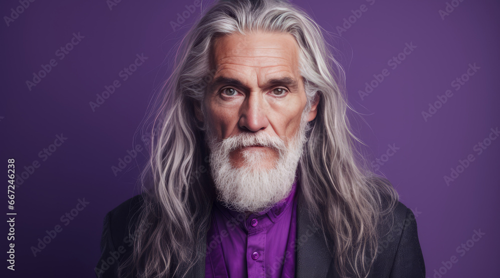 Elegant smiling elderly Caucasian man with gray and long hair with perfect skin, on purple background, banner.