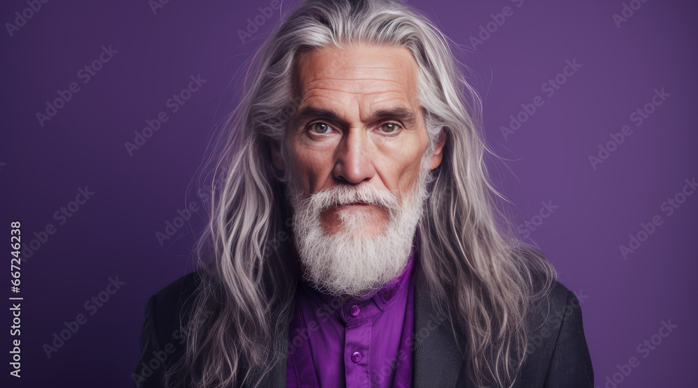 Elegant smiling elderly Caucasian man with gray and long hair with perfect skin, on purple background, banner. Elegant smiling elderly Caucasian man with gray and long hair with perfect skin, on purple background, banner.
