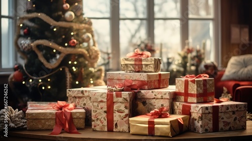 man stands near the table and prepares boxes with bows while celebrating Christmas at home