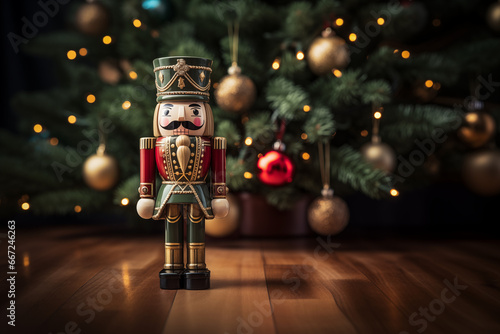 The nutcracker toy, next to the Christmas tree, holiday background. Generative Ai